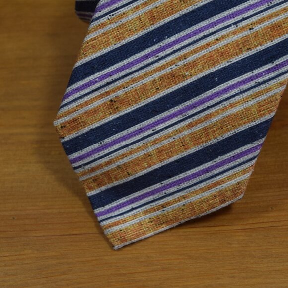 $570 ITALO FERRETTI Navy Blue Striped Handmade Silk Linen Neck Tie Italy XL - Picture 11 of 16